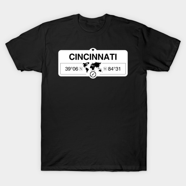 Cincinnati Ohio Map GPS Coordinates Artwork with Compass T-Shirt by MapYourWorld